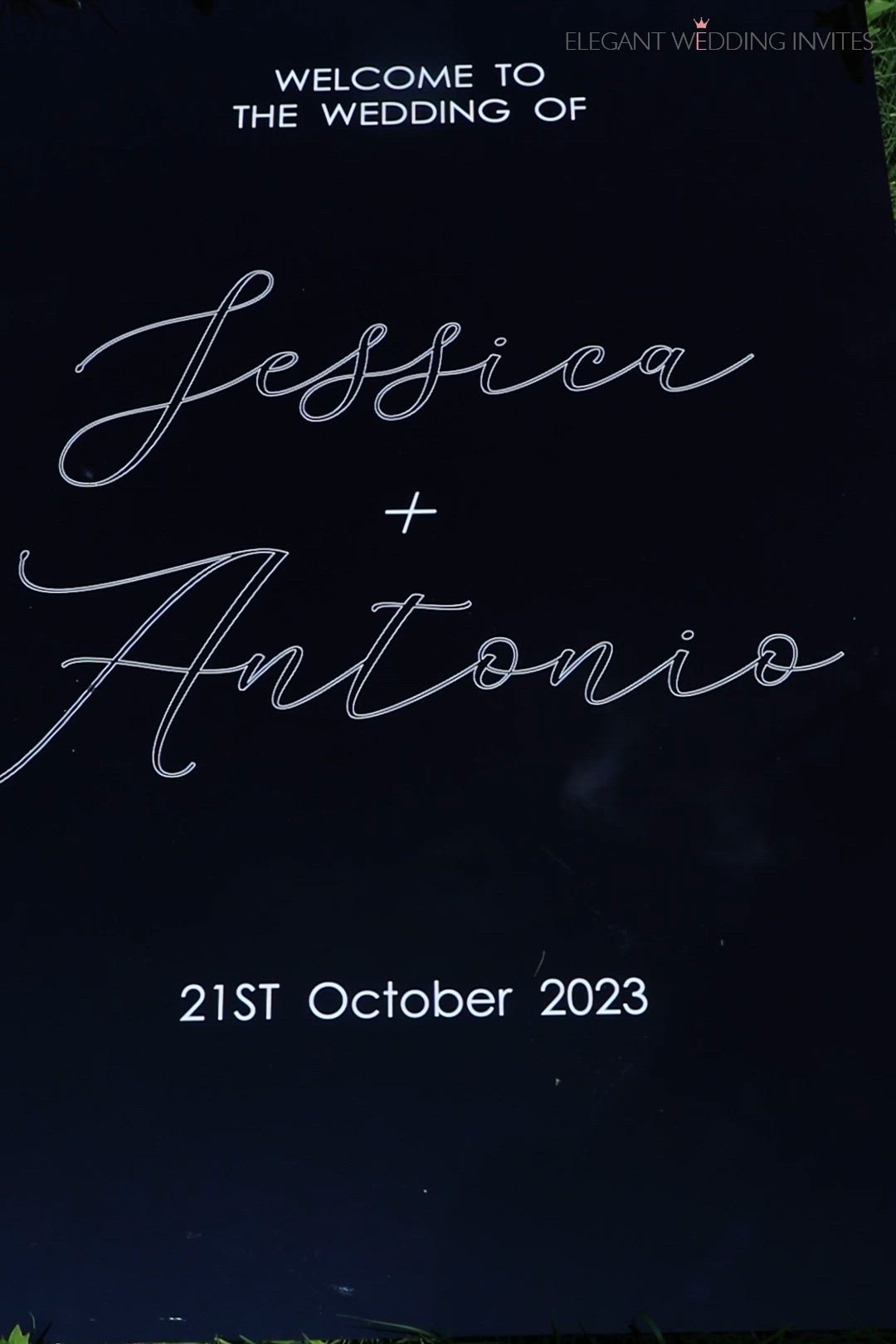 This may contain: a poster for the wedding of jessica and antonio, held in front of a black background