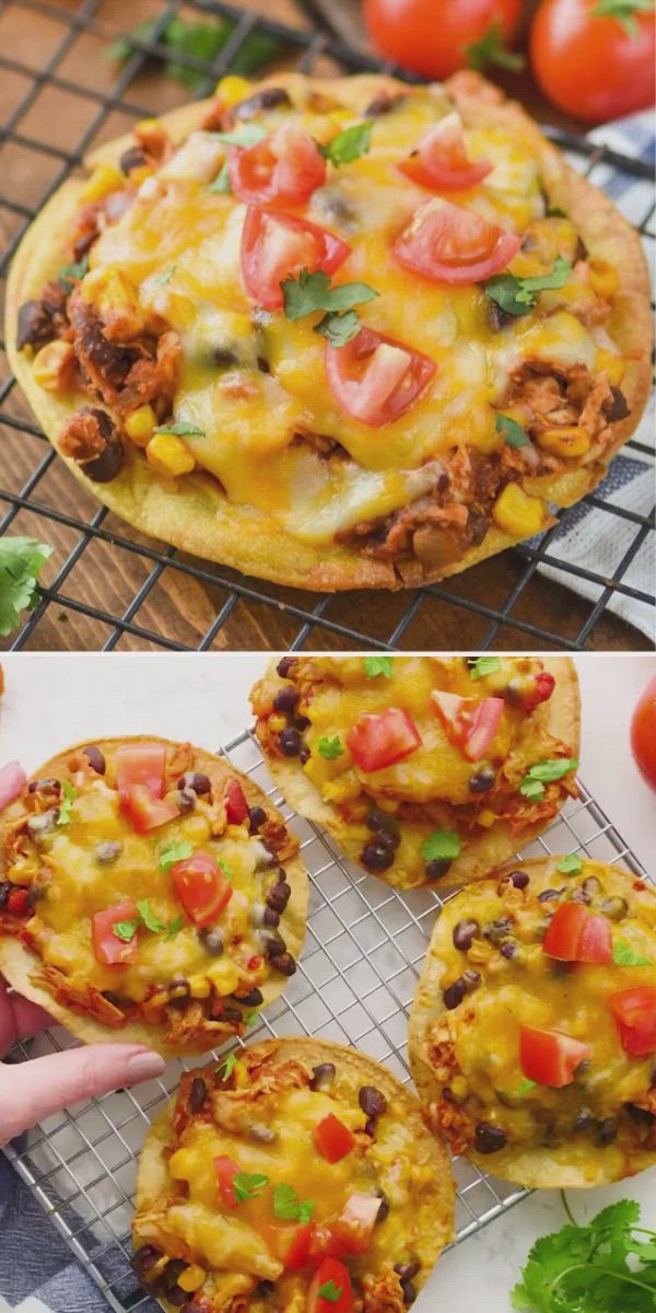 This contains: Easy Chicken Tostadas, quick dinner, weeknight dinner recipes