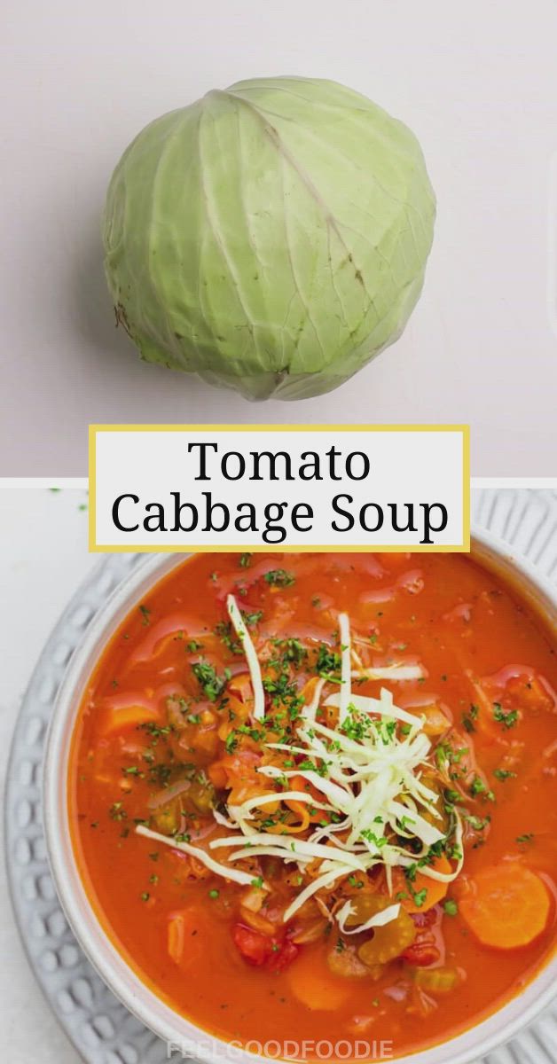 This may contain: two pictures with different types of food in them and the words tomato cabbage soup on top