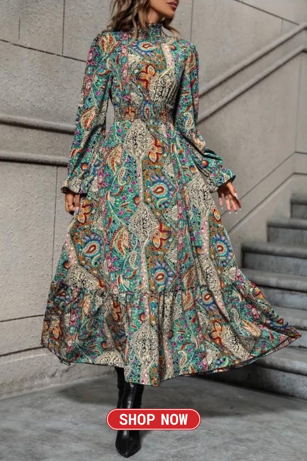 This Boho High Neck Long Sleeve Dress features a captivating Paisley Print and a flattering Shirred Waist. The fusion of intricate paisley patterns with a high neck and long sleeves creates a charming, bohemian-inspired ensemble, perfect for expressing both style and comfort.