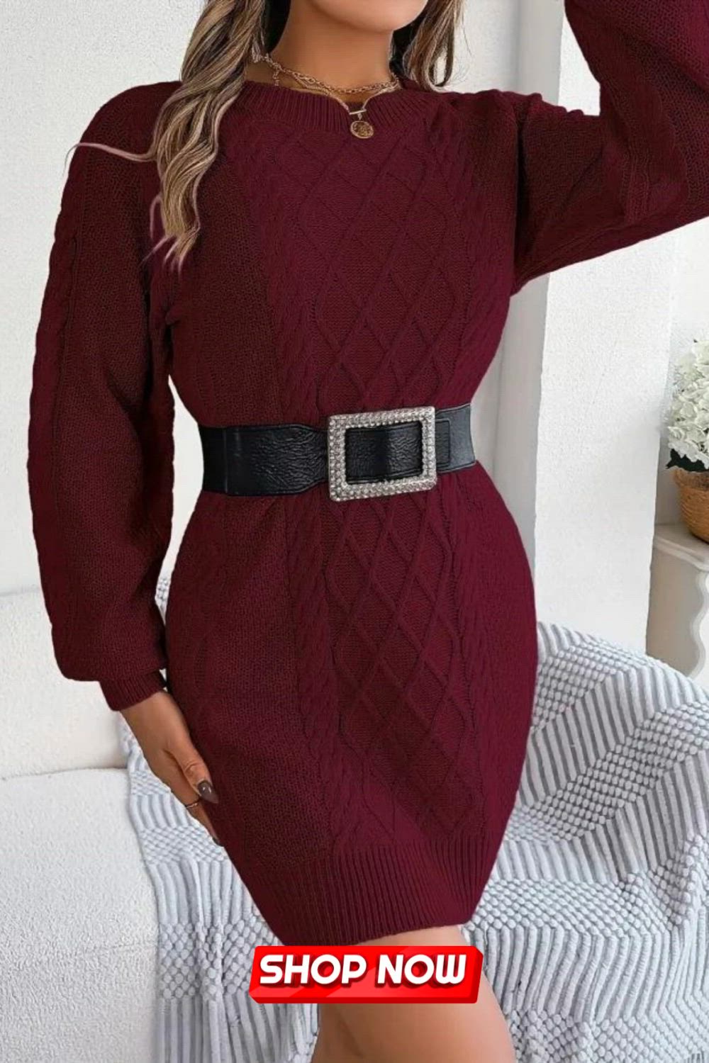 Solid Cable Knit Sweater Dress, Elegant Crew Neck Long Sleeve Dress