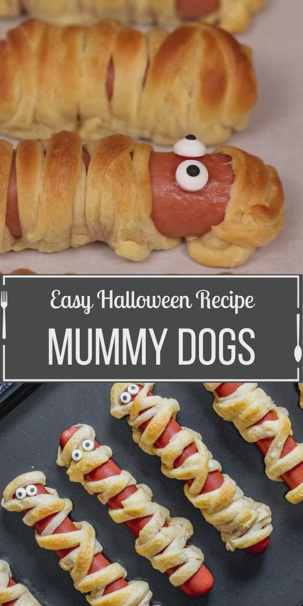 This may contain: an easy halloween recipe for the kids to make with their dog's bones and hotdogs