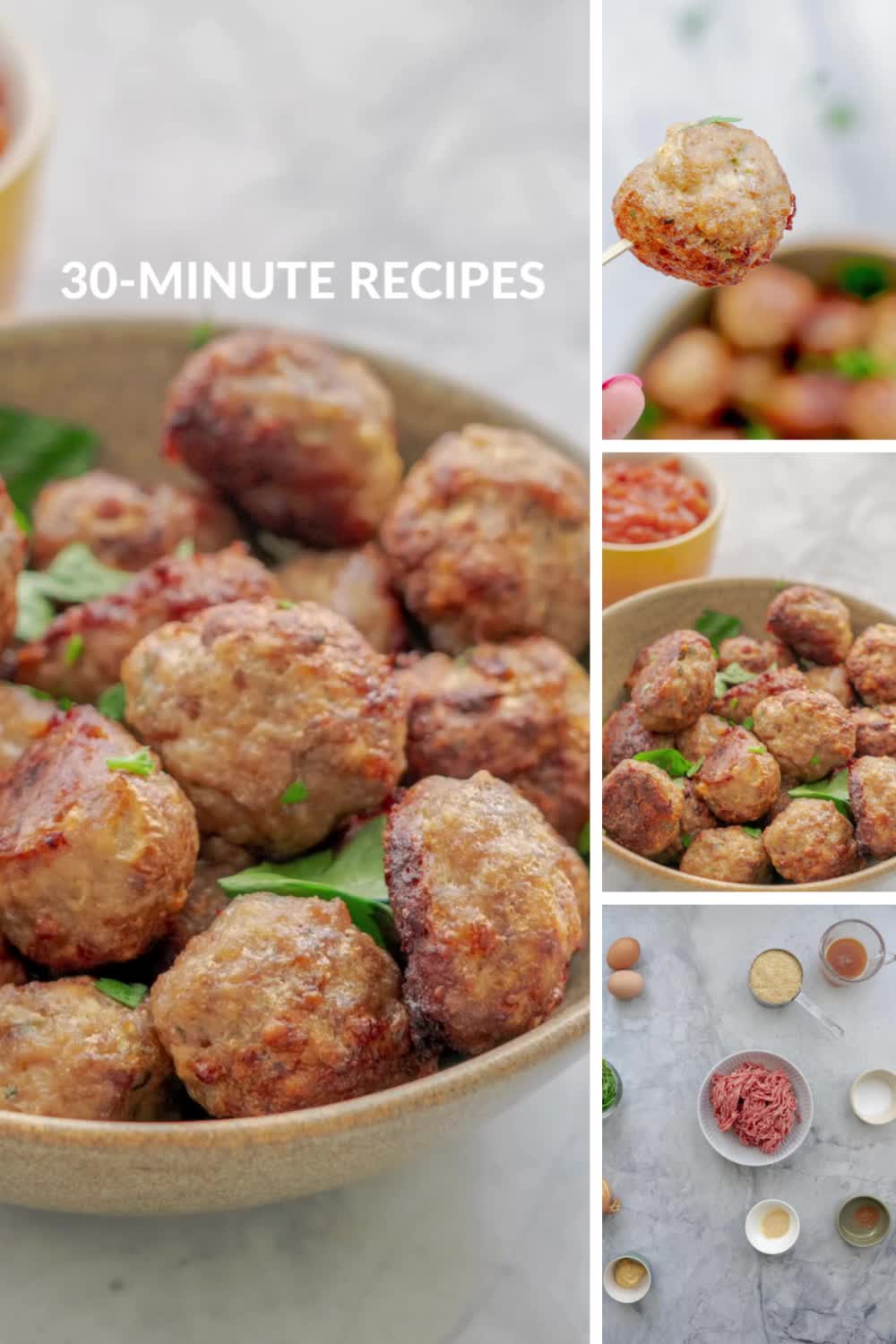 This may contain: three pictures showing different types of meatballs in bowls and on the table, with text overlay that reads 3 ways to make baked meatballs