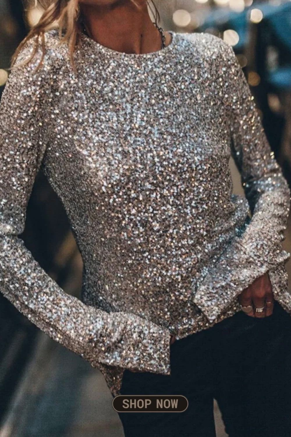 Casual Solid Sequins Sequined O Neck Tops