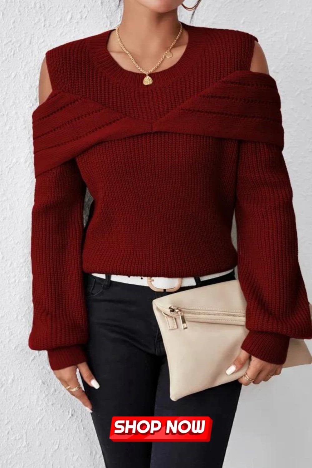 Elegant Cold Shoulder Solid Knit Sweater, Casual Crew Neck Long Sleeve Sweater