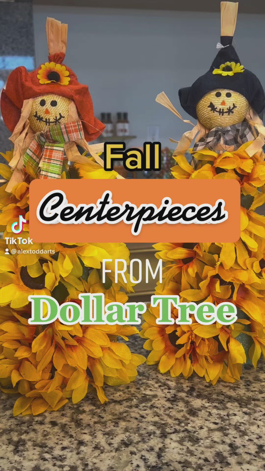 This may contain: fall centerpieces from dollar tree with sunflowers and scarecrows on top