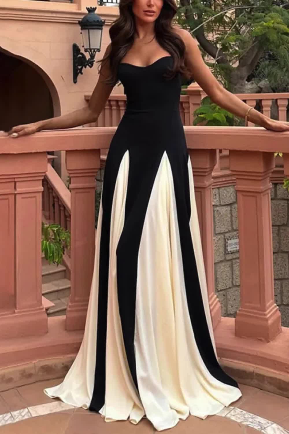 This women's elegant spliced A-line maxi dress combines timeless style with a flattering silhouette, perfect for formal events or chic everyday wear.