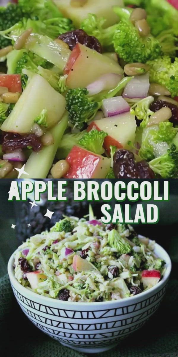 This may contain: broccoli salad in a bowl with the words apple broccoli salad above it