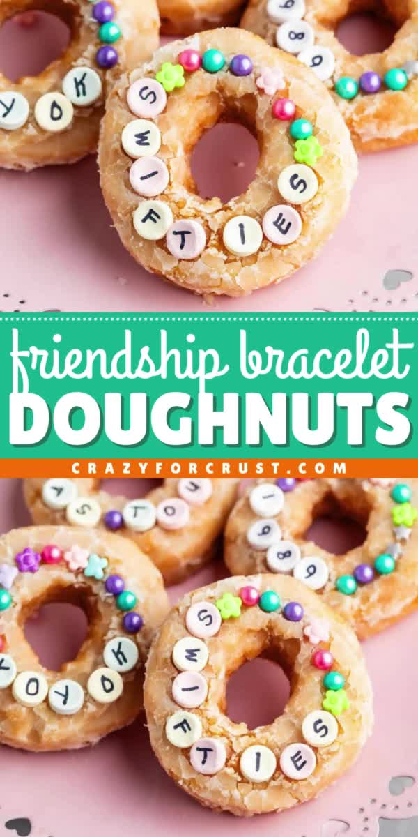 This contains: A morning breakfast idea for Taylor Swift fans! So cute and easy to personalize, these Friendship Bracelet Doughnuts are just perfect. These donuts are also one of the best dessert recipes for an Eras Tour party!