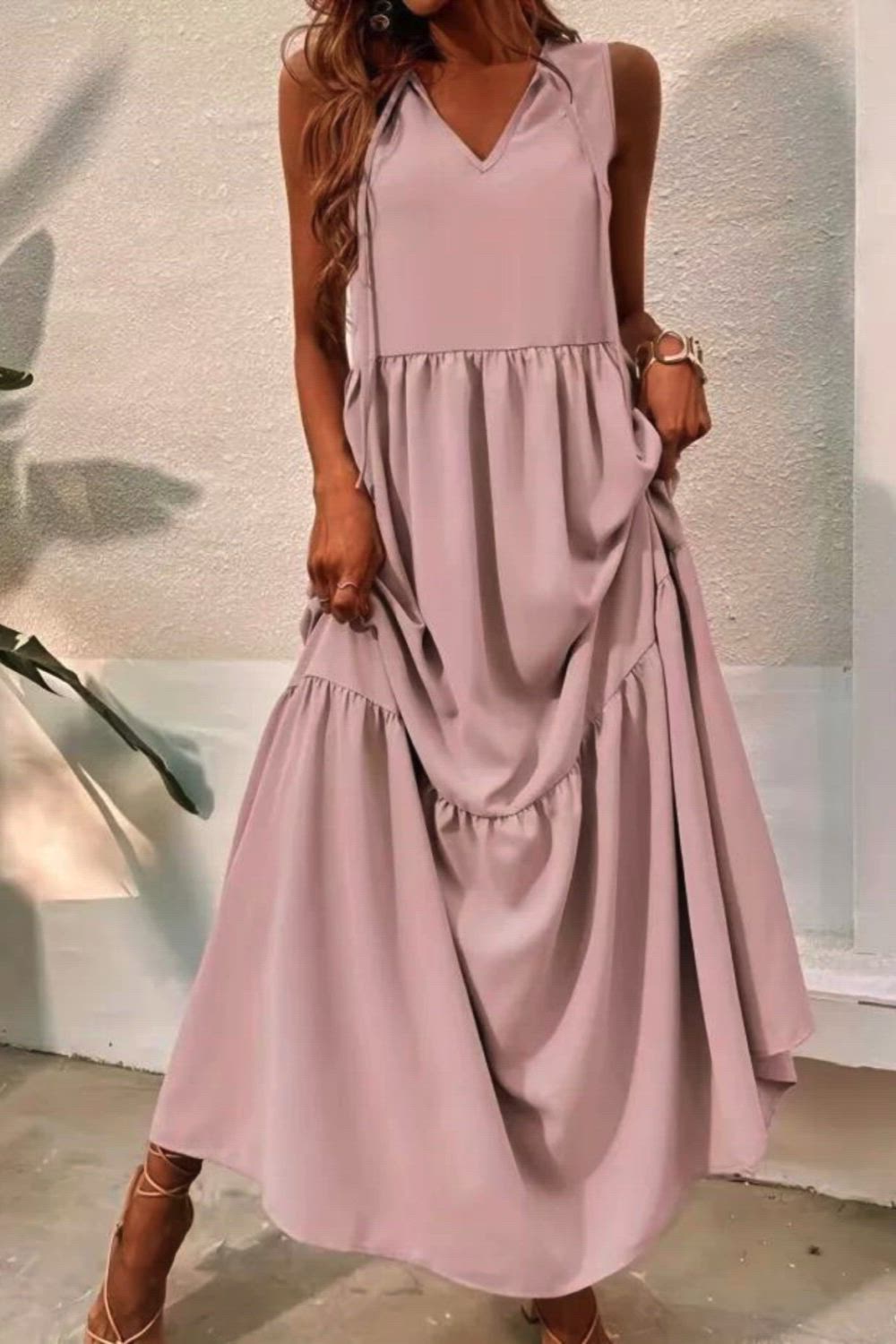 Drawstring Ruched Dress, Casual V Neck Sleeveless Maxi Dress