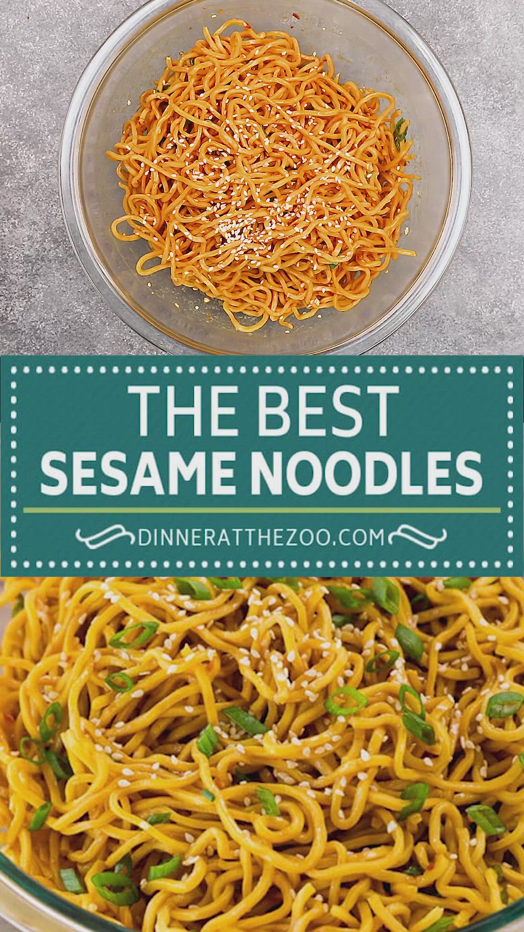 This may contain: the best sesame noodle recipe in a glass bowl