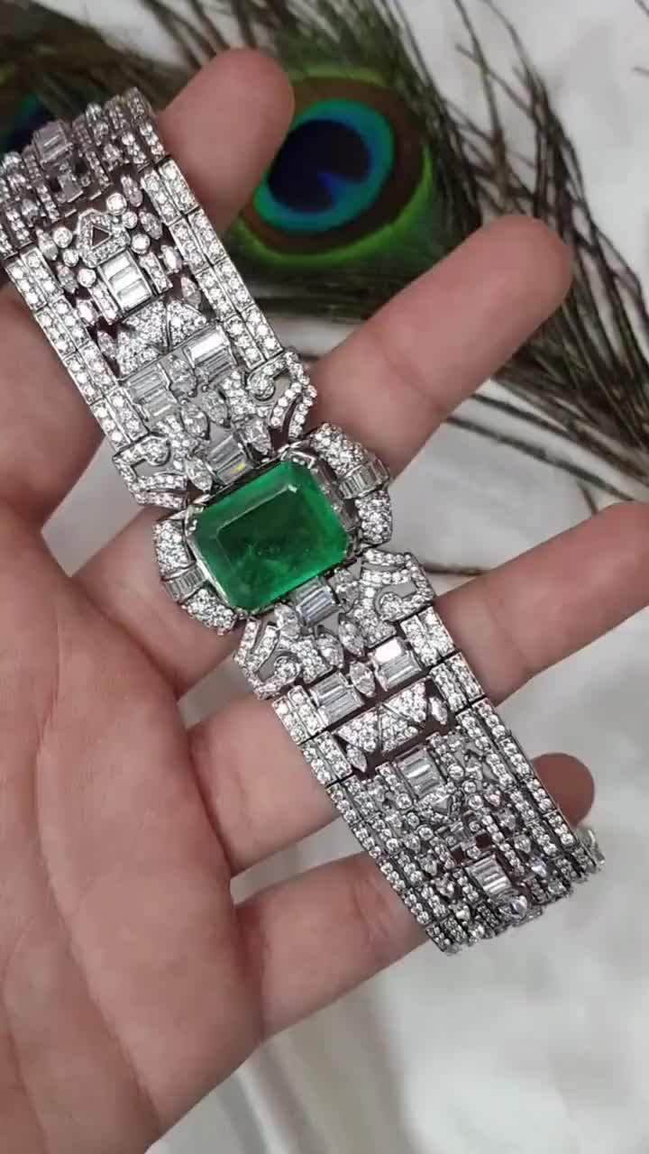 This contains: Art Deco Green Emerald Wide Bracelet Cubic Zirconia Studded Handmade High Statement Jewelry For Men's Adastra Jewelry