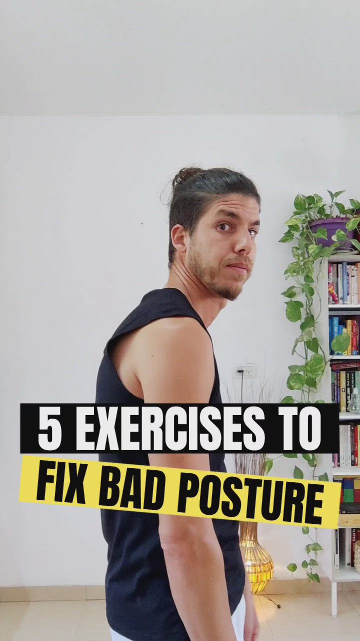 This may contain: a man standing in front of a bookshelf with the words 5 exercises to fix bad posture