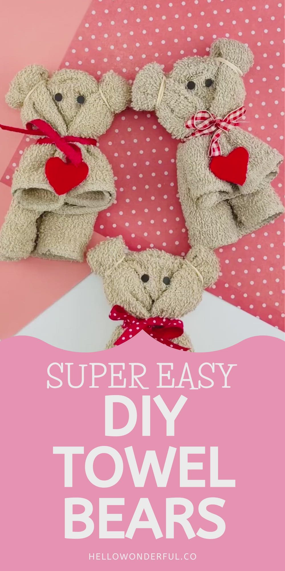 This may contain: someone is holding up a teddy bear made out of towel bears with the words super easy diy towel bears