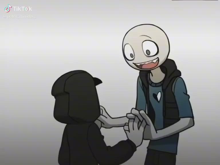 This may contain: an animated image of two people in black and white outfits, one is holding the other's hand