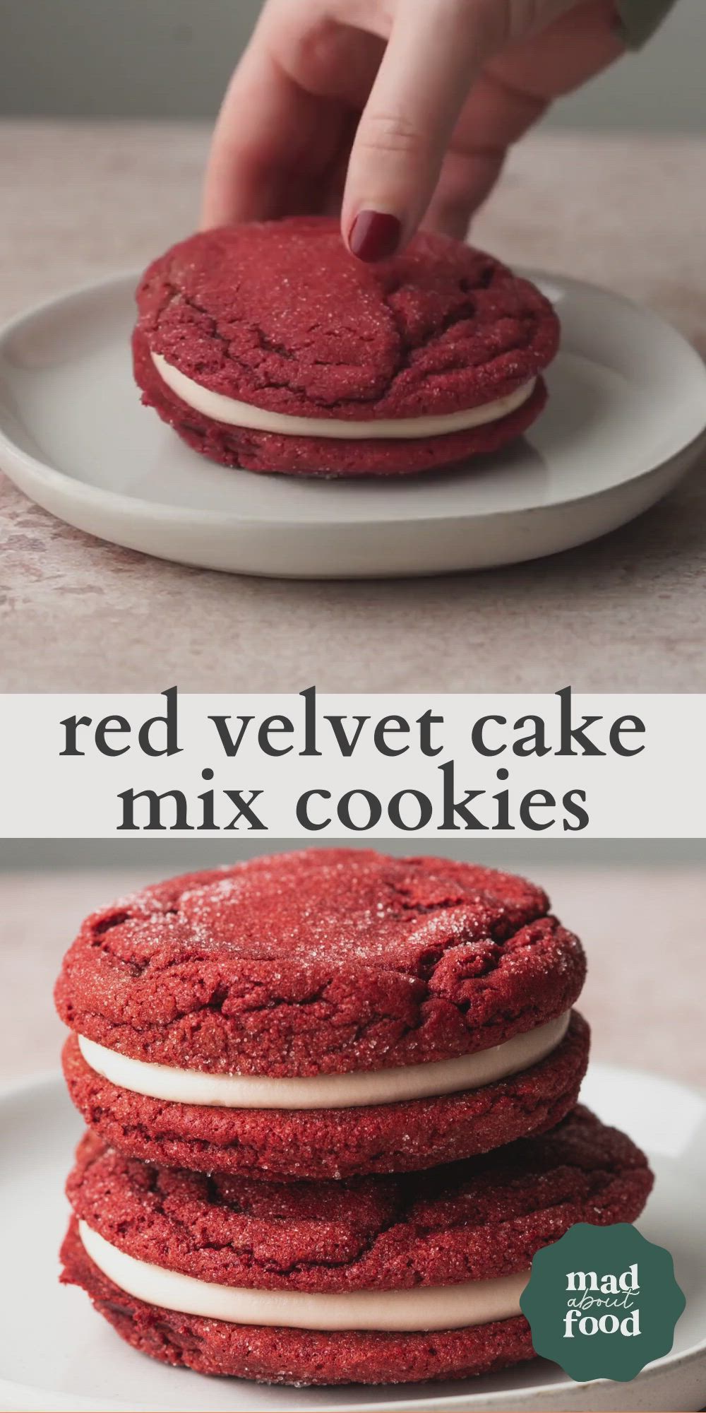 This may contain: red velvet cake mix cookies are stacked on top of each other and being held by someone's hand