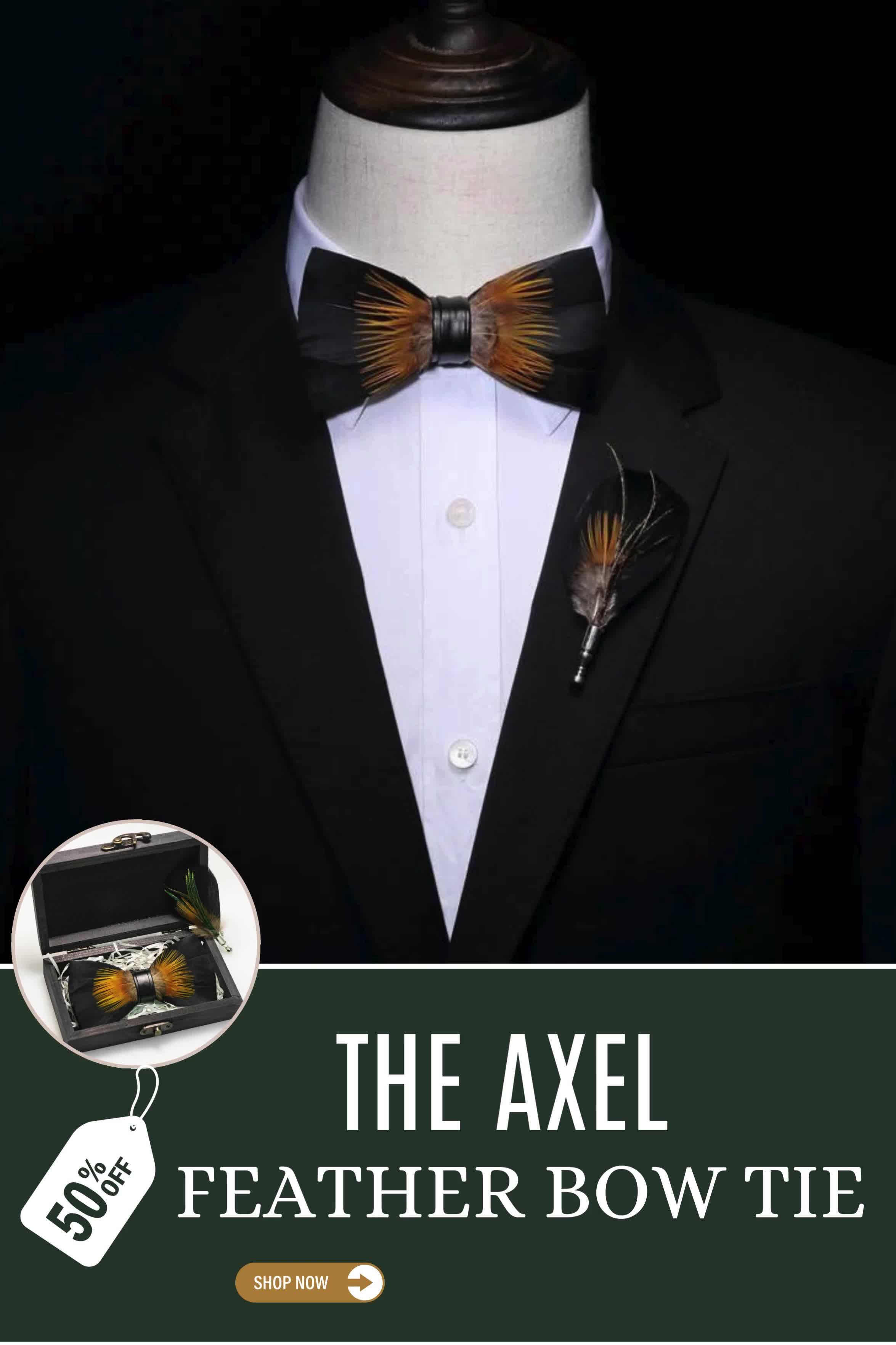 This contains: Here is Axel Feather Bow Tie