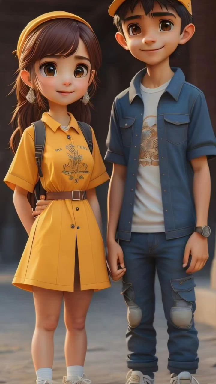 This may contain: a boy and girl standing next to each other