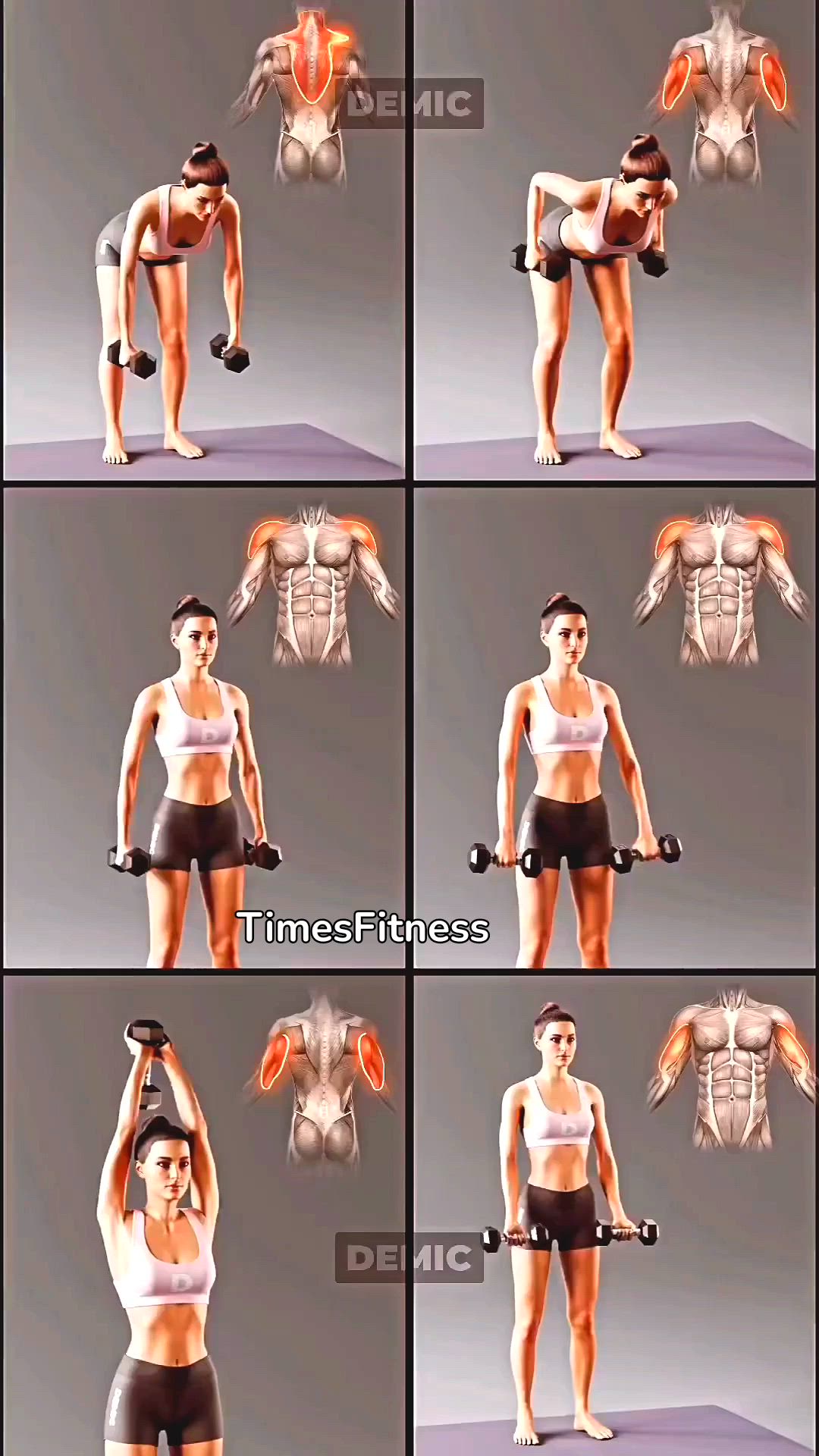 This may contain: a woman doing exercises with dumbbells in six different poses, including the upper half and lower half