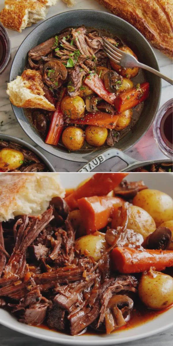 This contains: Another go-to comfort food for your rotation! It's a homemade dinner recipe you don't want to miss. Cooked in saucy goodness with potatoes, carrots, and mushrooms, this is the best pot roast ever! Find out the secret as to why it's perfect every time!