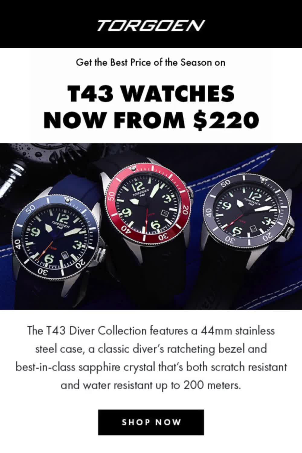 This contains: Photo of three Torgoen T43 diver watches.