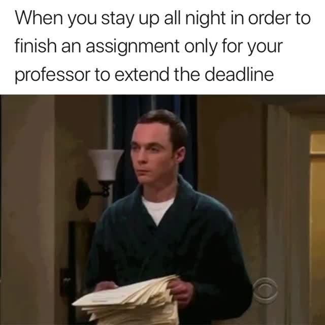 This may contain: a man standing in front of a stack of papers with the caption, when you stay up all night in order to finish an assignment only for your professor to extend the deadline