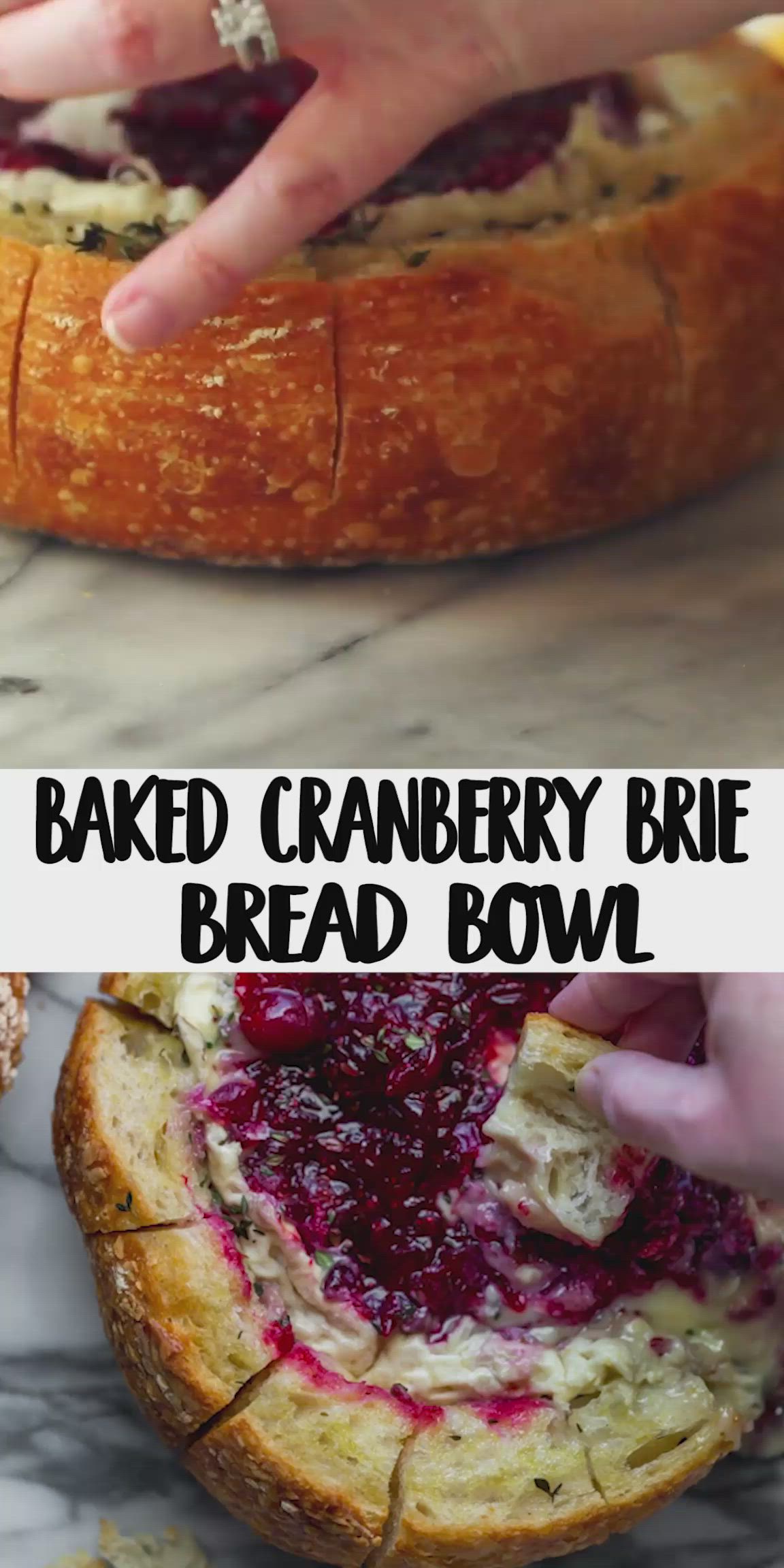 This may contain: baked cranberry brie bread bowl on a marble counter top with text overlay