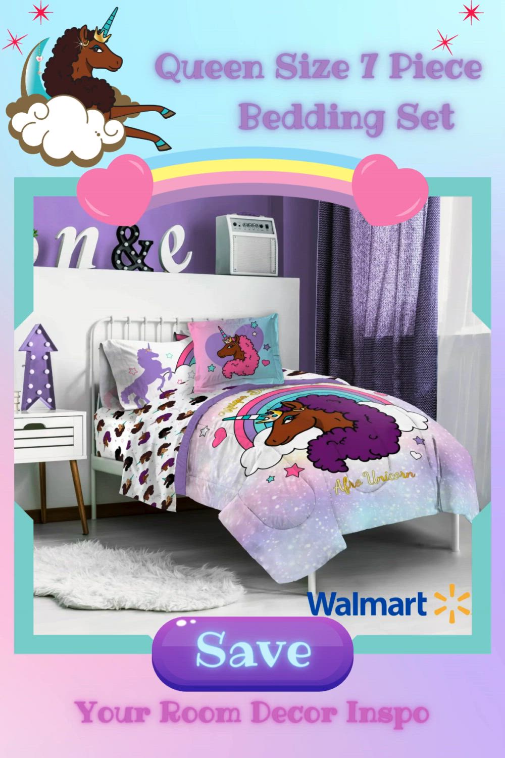 This contains: Grab this Afro Unicorn Queen Size & Piece Bedding Set at Walmart Today! Save for your Room Decor Inspo