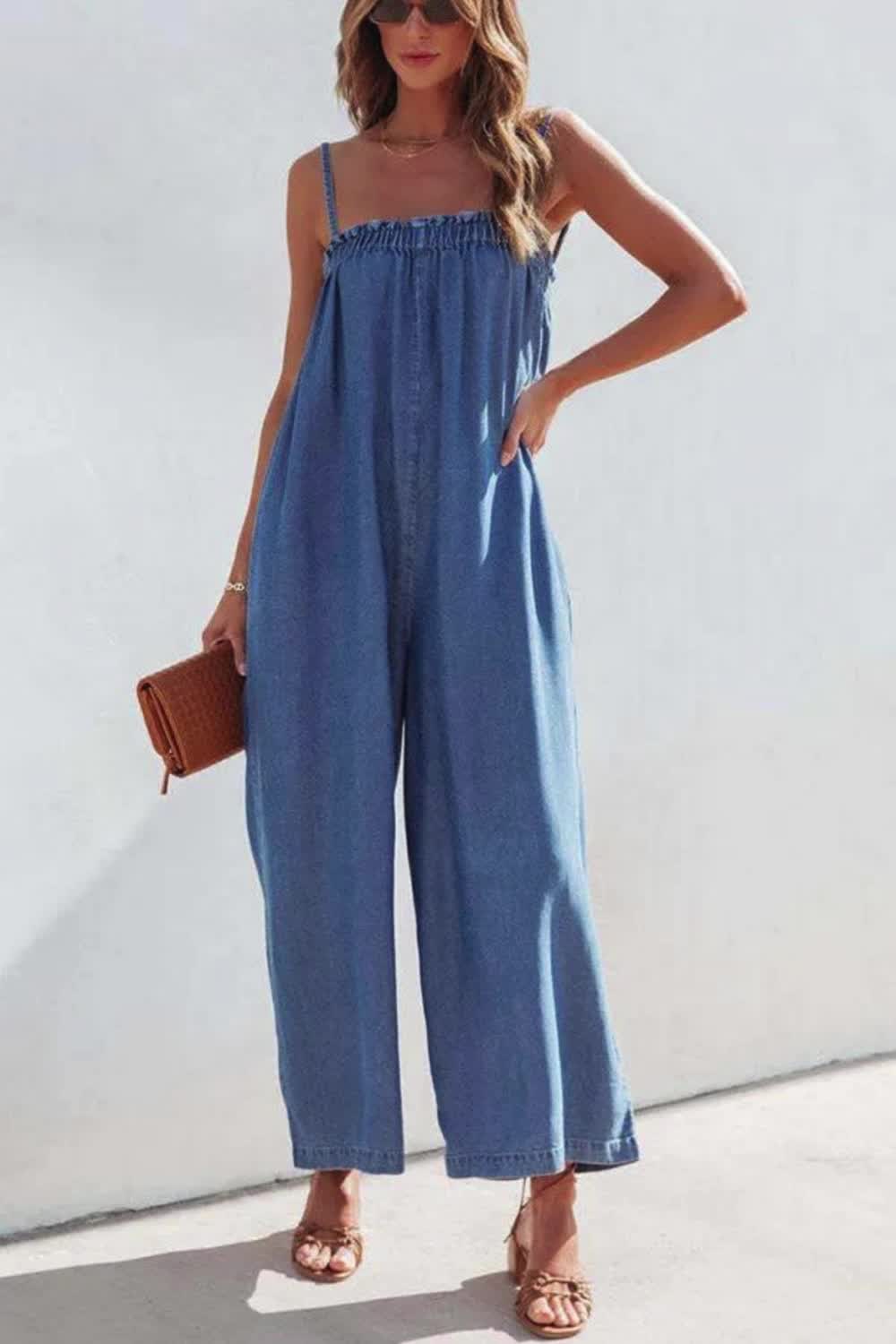 This contains an image of: True To You Denim Pocketed Wide Leg Jumpsuit