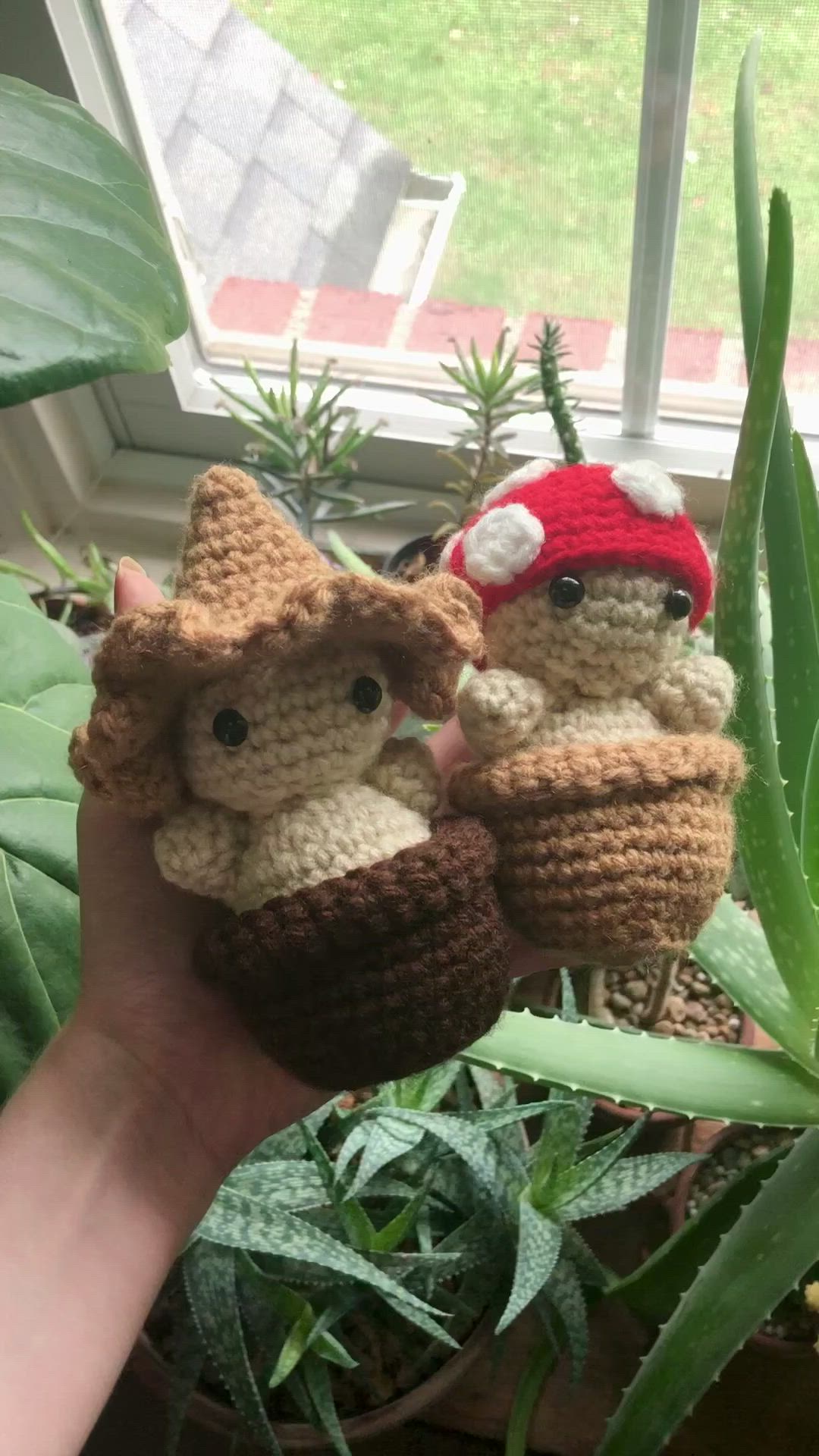 This may contain: two crocheted stuffed animals sitting on top of a plant in front of a window