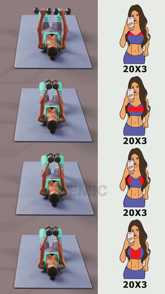 This may contain: a woman doing exercises with dumbbells on her chest and arms in different positions