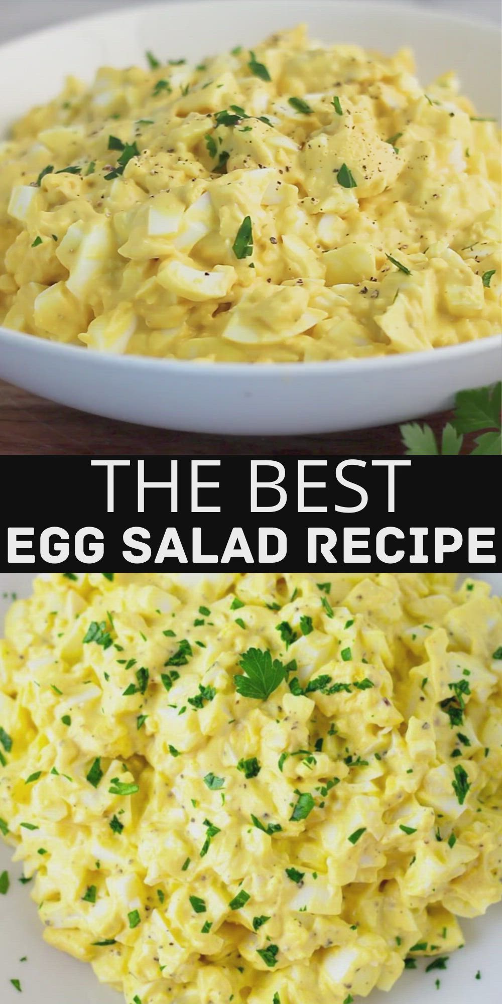 This may contain: the best egg salad recipe is made with eggs, cheese and parsley on top