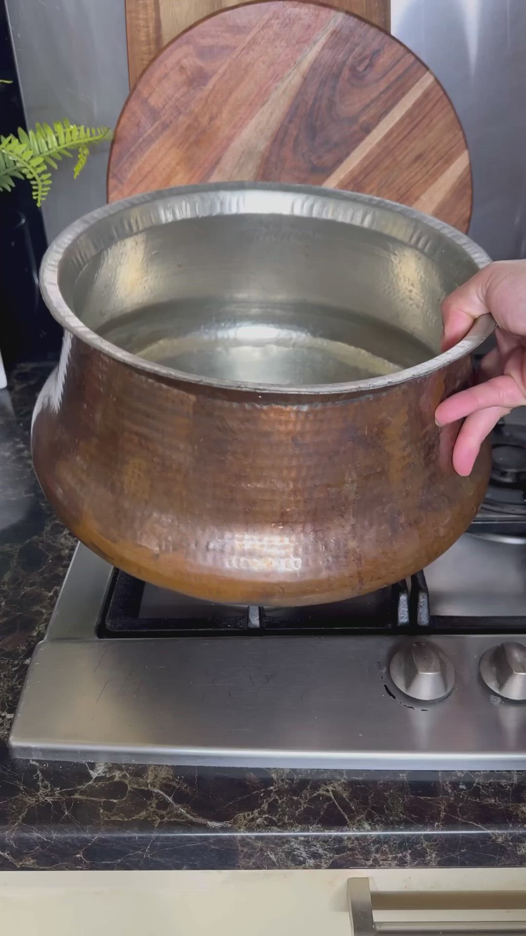 This may contain: a person is holding a metal bowl on top of a stove