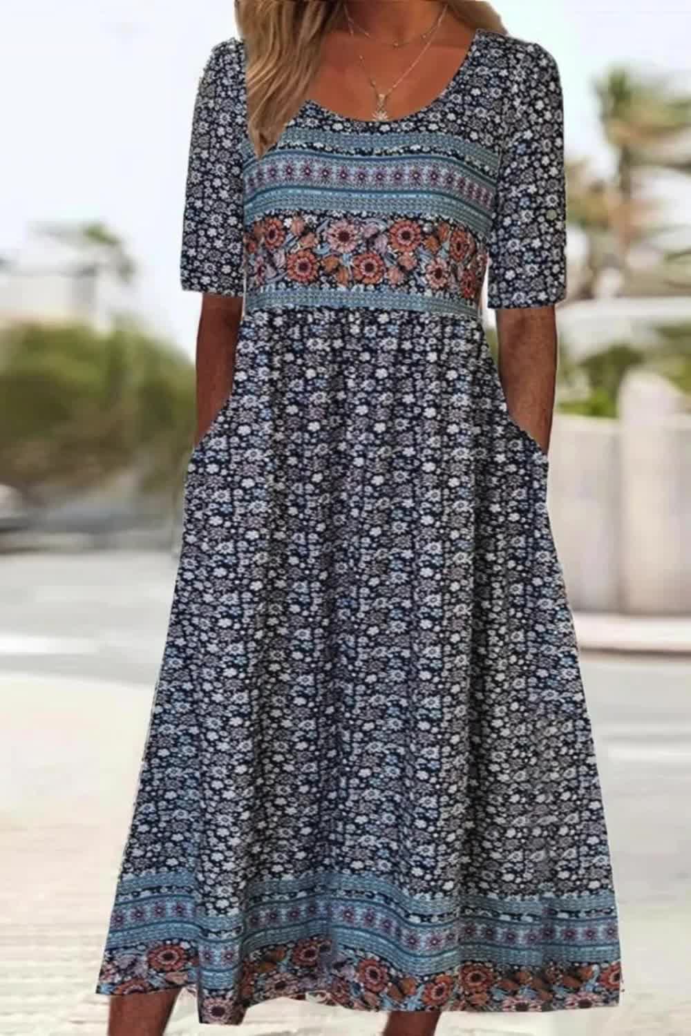 The Plus Size Boho Dress is a delightful blend of comfort and style. Featuring a colorful floral print, short sleeves, and convenient pockets, it offers both chic fashion and practicality. With its round neckline and medium stretch fabric, this maxi dress ensures a flattering fit for women of all sizes. Perfect for casual outings or special occasions, it radiates bohemian charm and effortless elegance.