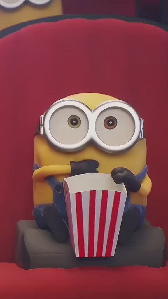 This may contain: a minion sitting in a red chair holding a popcorn box