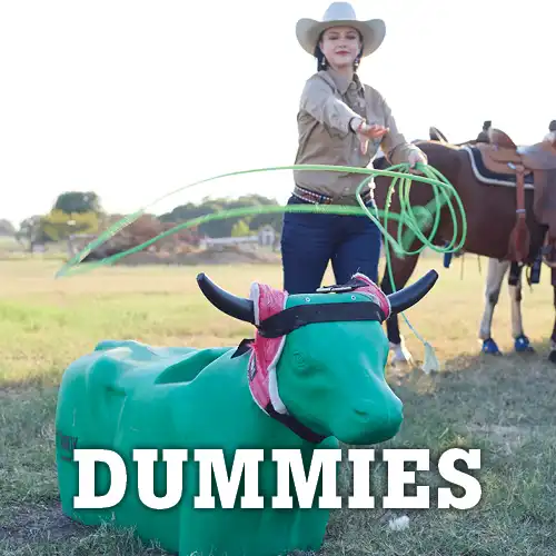 Cowgirl roping a roping dummy with text 