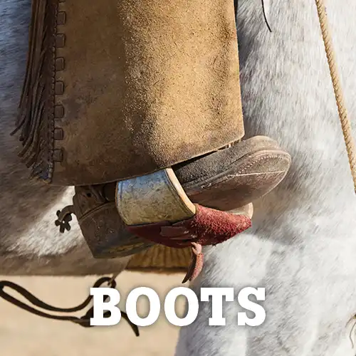 Close up of cowboy boot in the stirrup with text 