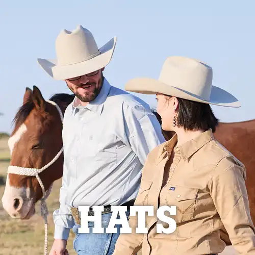 Cowboy and cowgirl wearing cowboy hats with text 