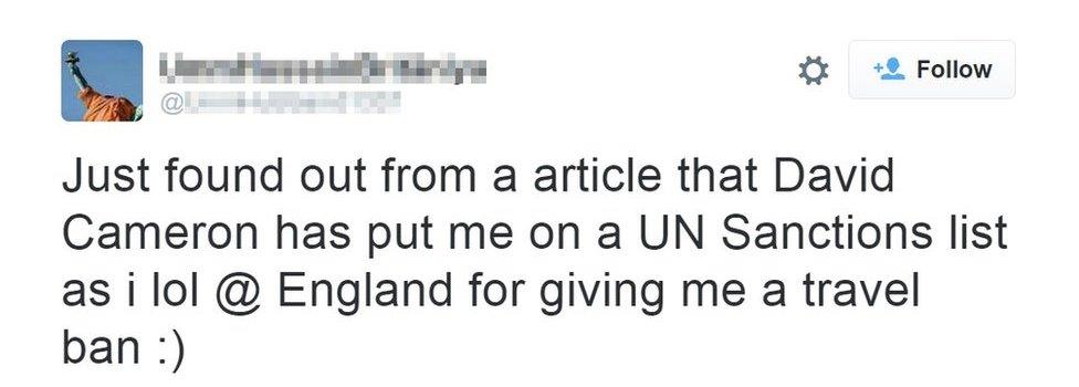 Sally-Anne Jones tweets: "Just found out from a article that David Cameron has put me on a UN sanctions list as i lol @ England for giving me a travel ban :)"