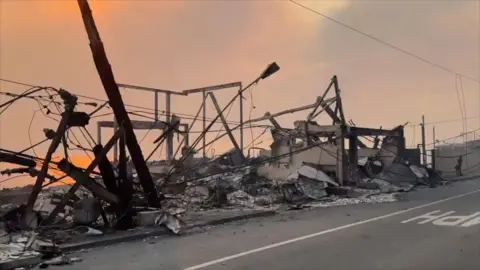 Only the steel and concrete frames of former homes can be made out among the ash in a devastated Malibu street 