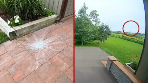 Split screen of where a small meteorite landed and in the air