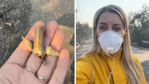 Split screen of exploded bullet and BBC correspondent wearing N95 face mask