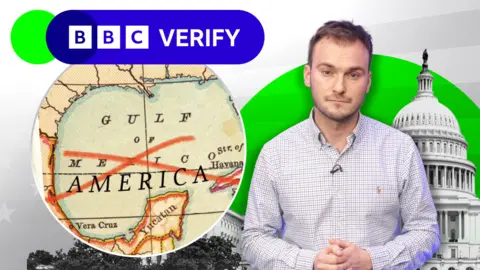 BBC Verify presenter Jake Horton stands in front of a graphic featuring a historical map of the Gulf of Mexico with Mexico crossed out, alongside alongside the US Capitol building