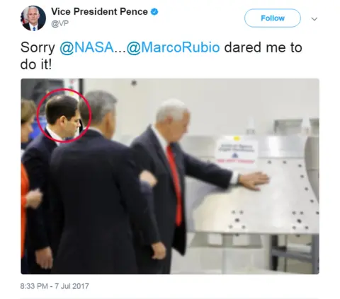 Twitter/@VP US Vice-President Mike Pence tweeted: "Sorry @Nasa... @MarcoRubio dared me to do it!"