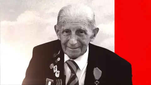 A black-and-white picture of an elderly man. He wears a shirt and tie, and a black jacket with several military medals pinned to it.