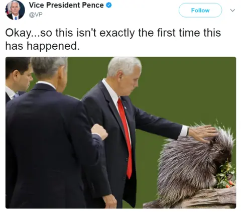 @VP/Twitter US Vice-President Mike Pence tweeted: "Okay... so this isn't exactly the first time this has happened." with a photoshopped photo of Mr Pence touching a porcupine