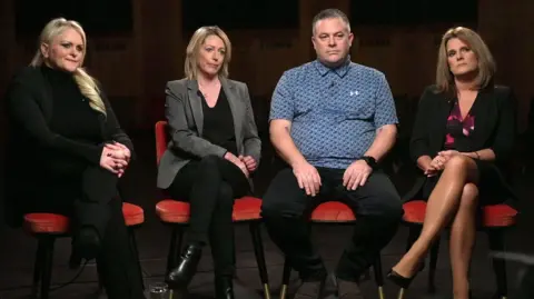 From left to right: Parents Hollie Dance, Lisa Kenevan, Liam Walsh and Ellen Roome sitting on chairs