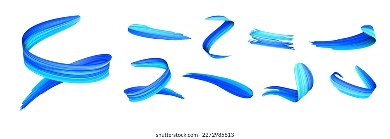 Acrylic blue paint brush strokes, vector bright spiral gradient waves of 3d paint brush texture background. Digital painted paintbrush color paint strokes and smudges