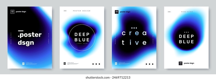 Collection of A4 posters with curved dark blue shape on white background. Modern abstract blue banner design with blurred blob and place for text. Ideal for flyer, booklet, cover, ad.