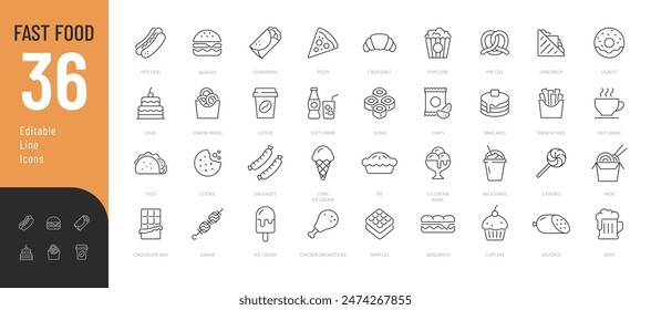   Fast Food Editable Icons set. Vector illustration in modern thin line style of restaurant menu related icons: burger, French fries, desserts, and more. Pictograms and infographics for mobile apps.
